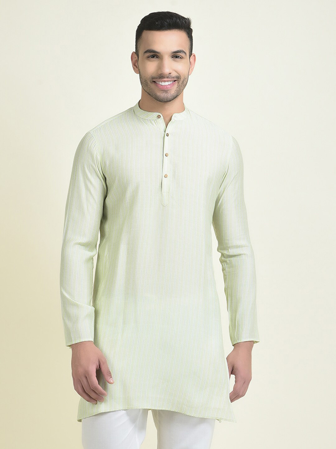 

DEYANN Ethnic Motifs Printed Band Collar Pure Cotton Straight Kurta, Green
