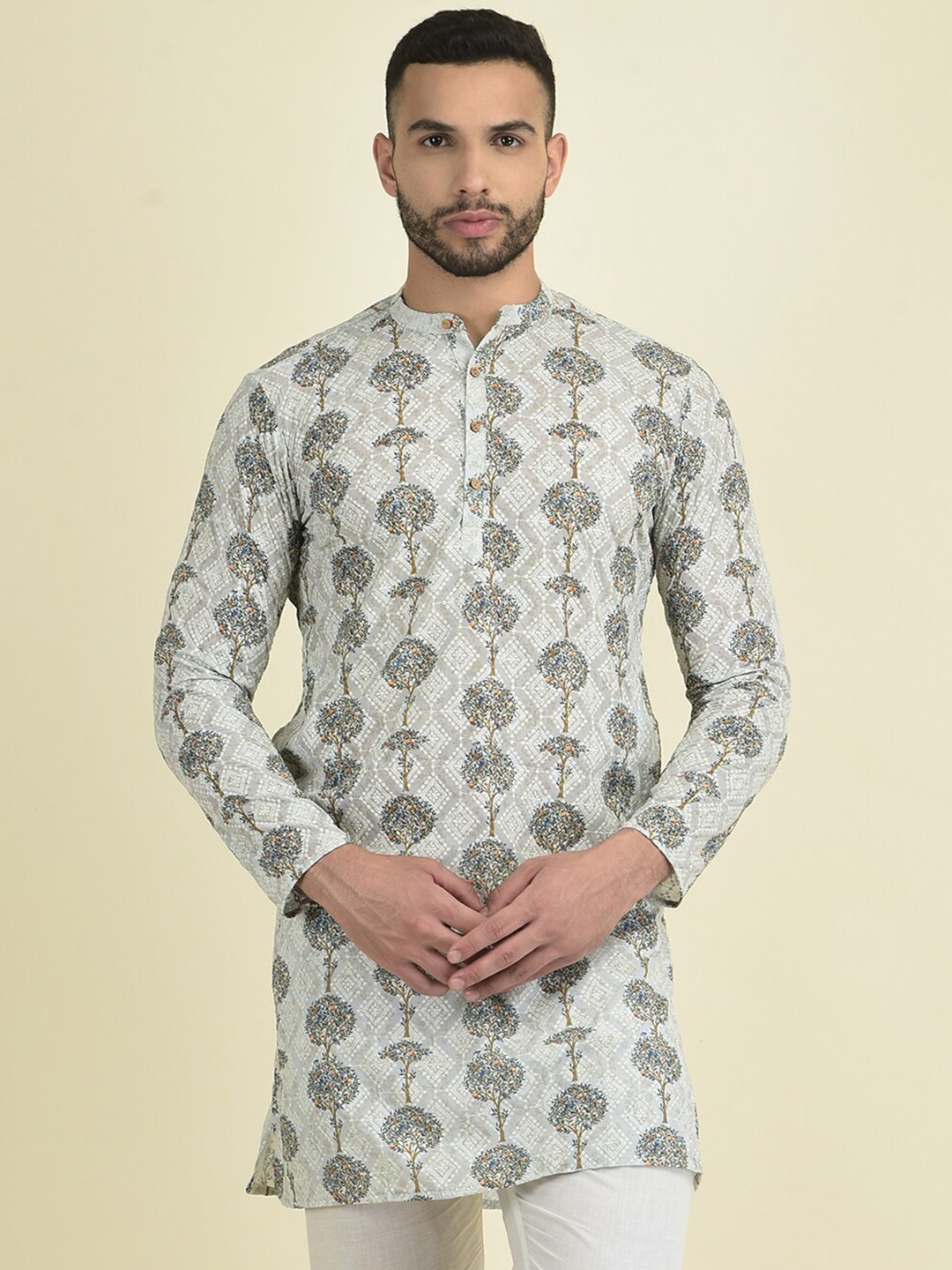 

DEYANN Floral Printed Chikankari Straight Kurta, Off white