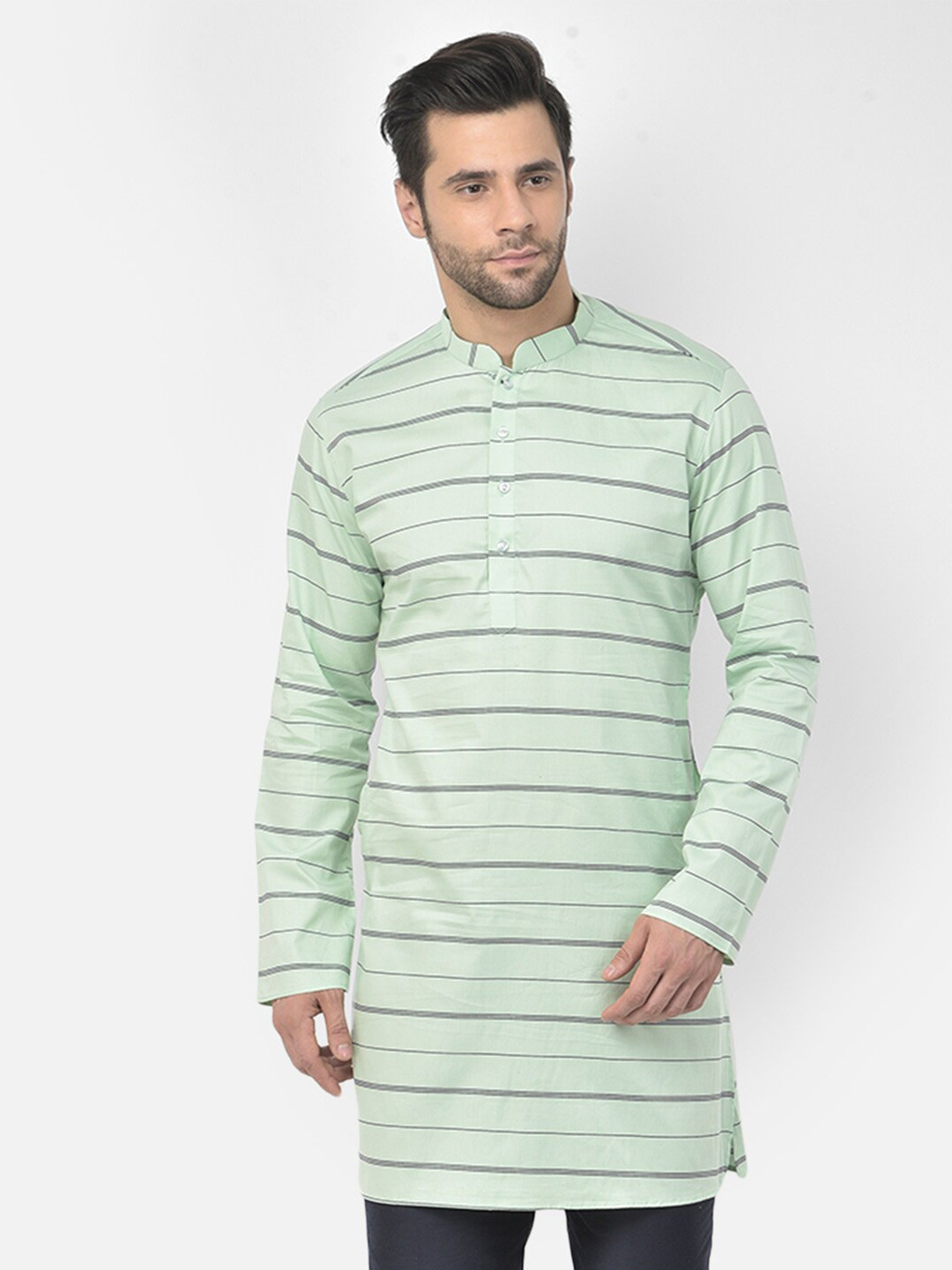 

DEYANN Striped Long Sleeves Mandarin Collar Straight Kurta, Green