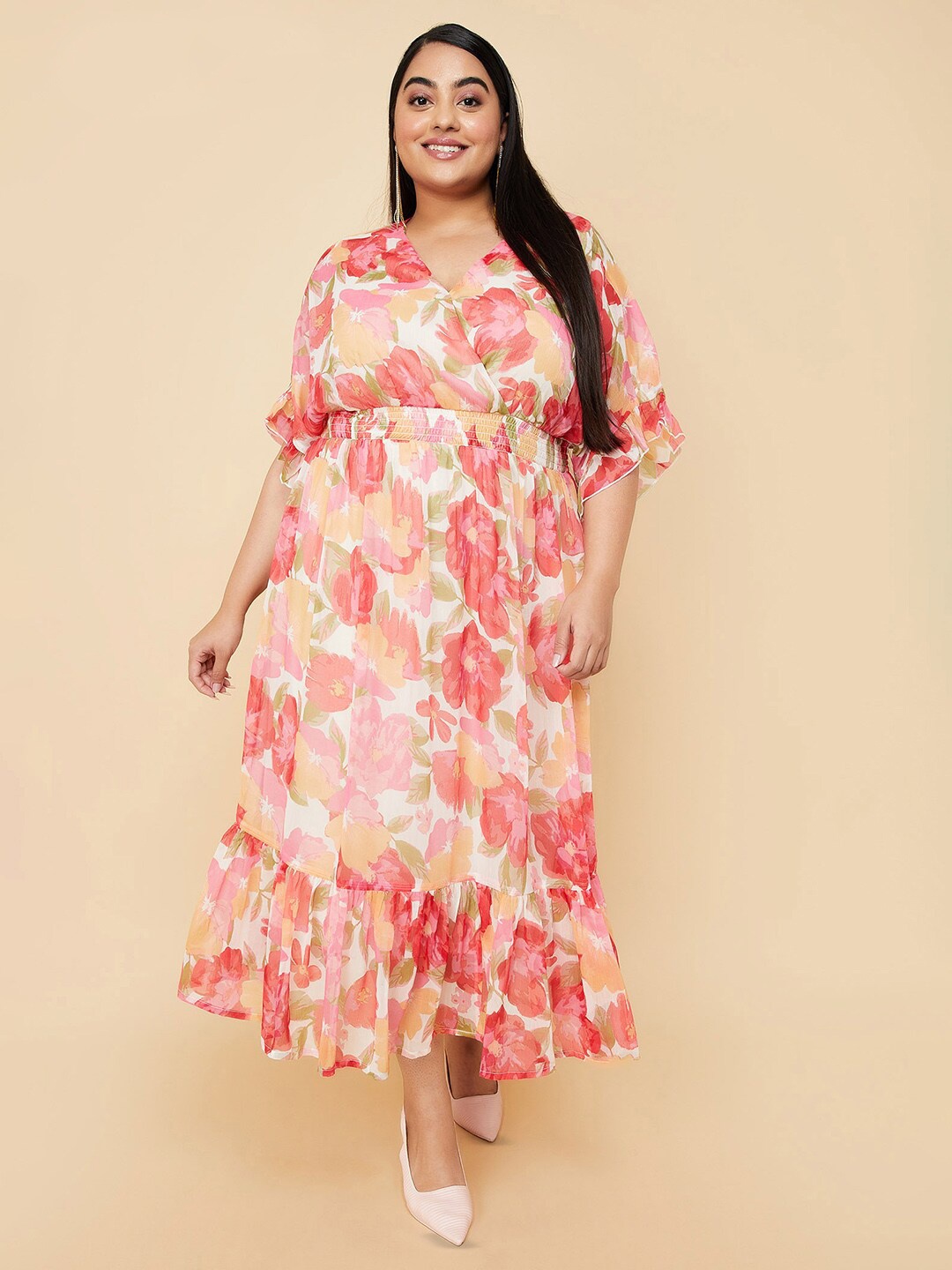 

max Plus Size Floral Print Flared Sleeve Wrap Midi Dress, Multi