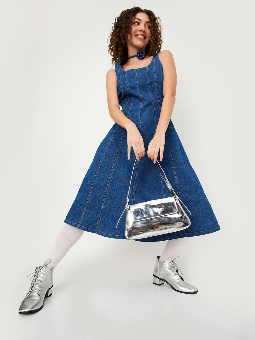 

max URB_N Pure Cotton Denim A-Line Midi Dress, Blue