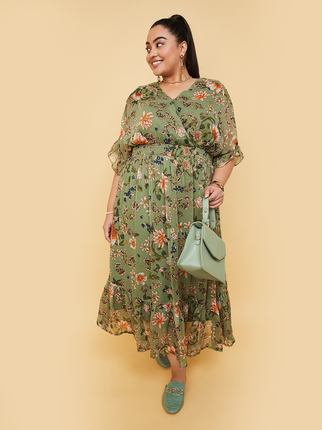 

max Plus Size Floral Printed V-Neck Smocked Maxi Dress, Olive