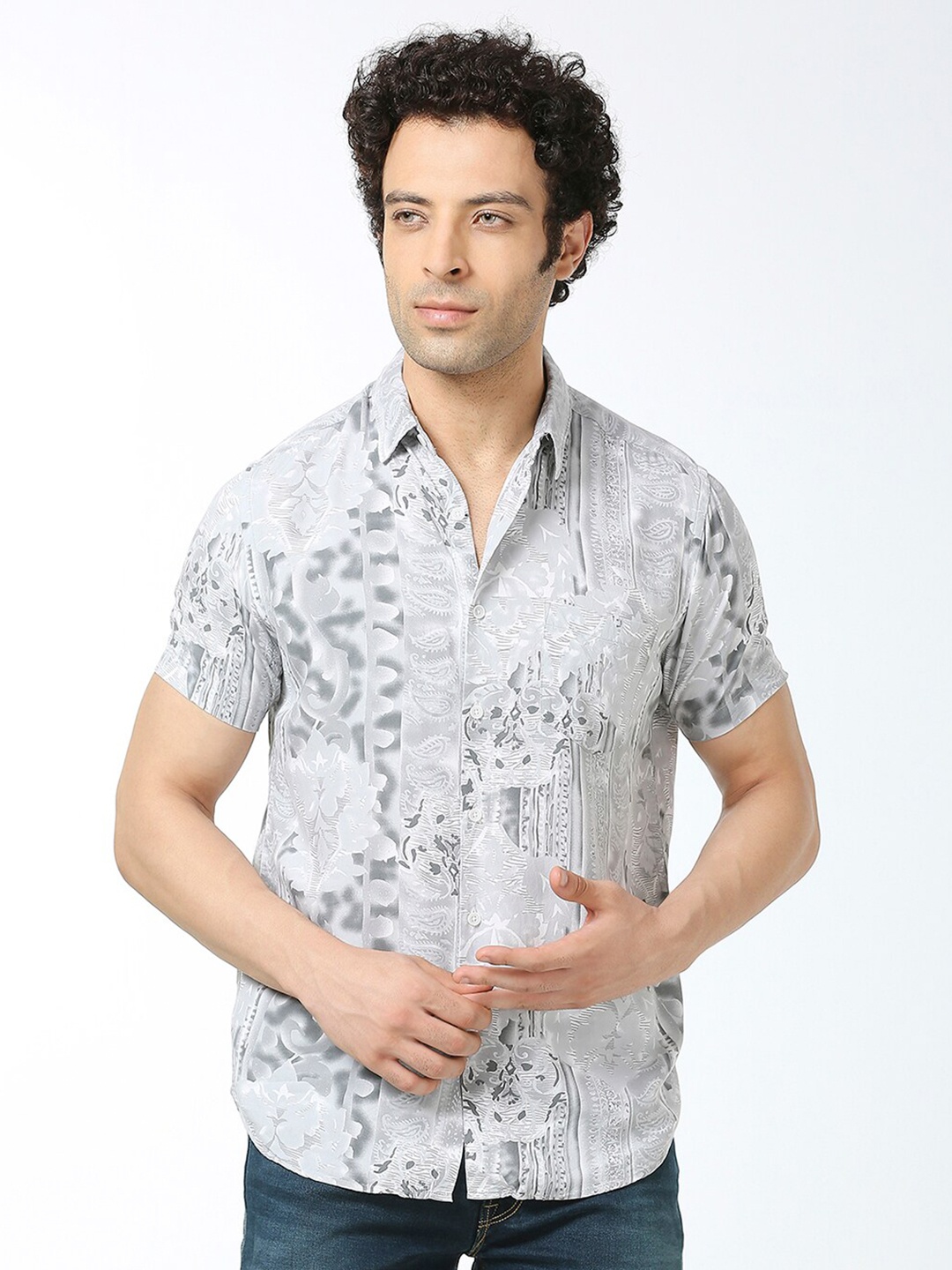 

VALEN CLUB Abstract Printed India Slim Fit Casual Shirt, Grey