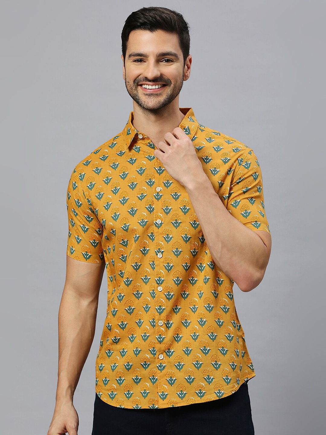 

VALEN CLUB Floral Printed India Slim Fit Pure Cotton Casual Shirt, Mustard