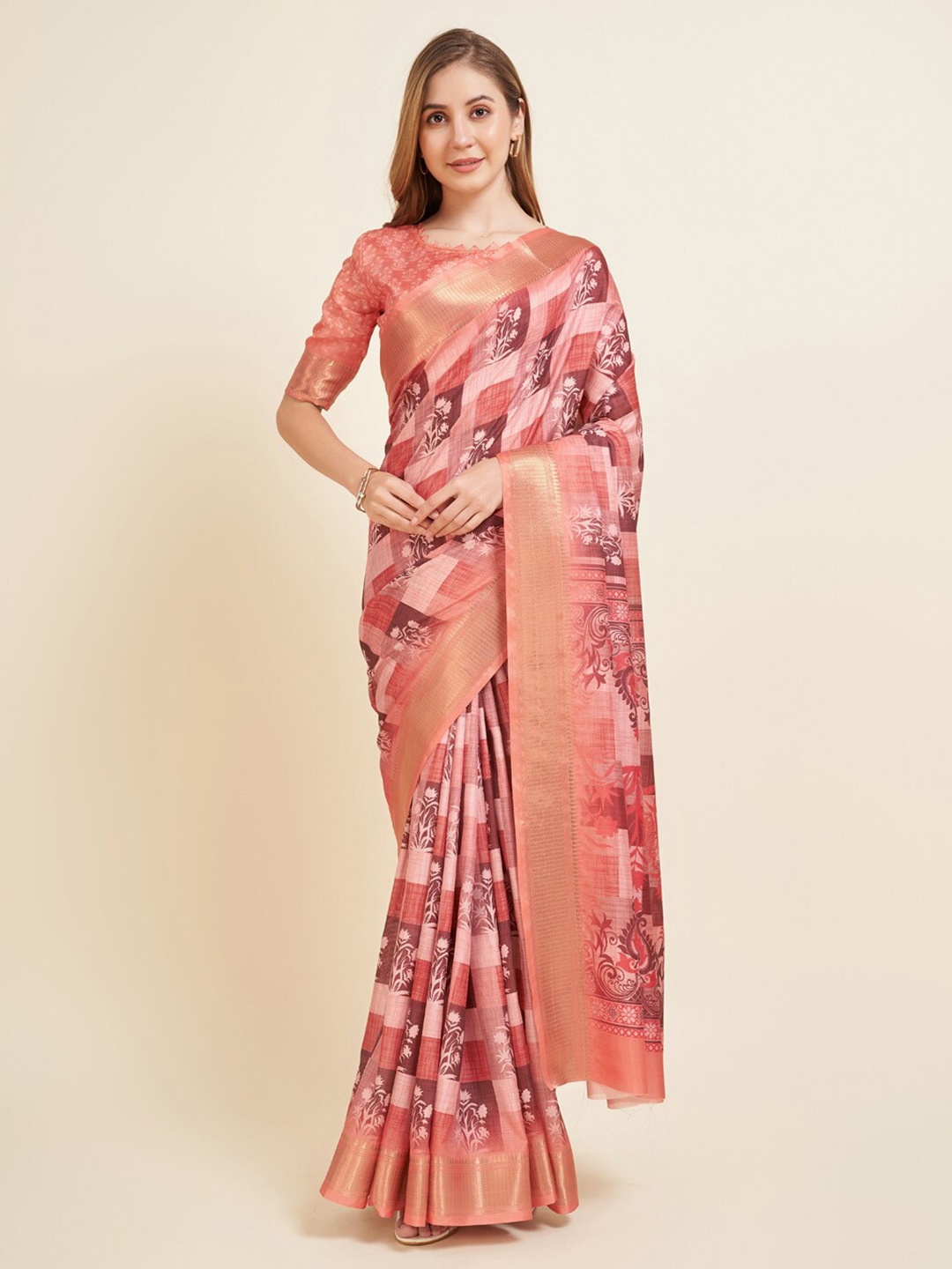 

VILLAGIUS Woven Design Ethnic Motifs Printed Zari Saree, Orange
