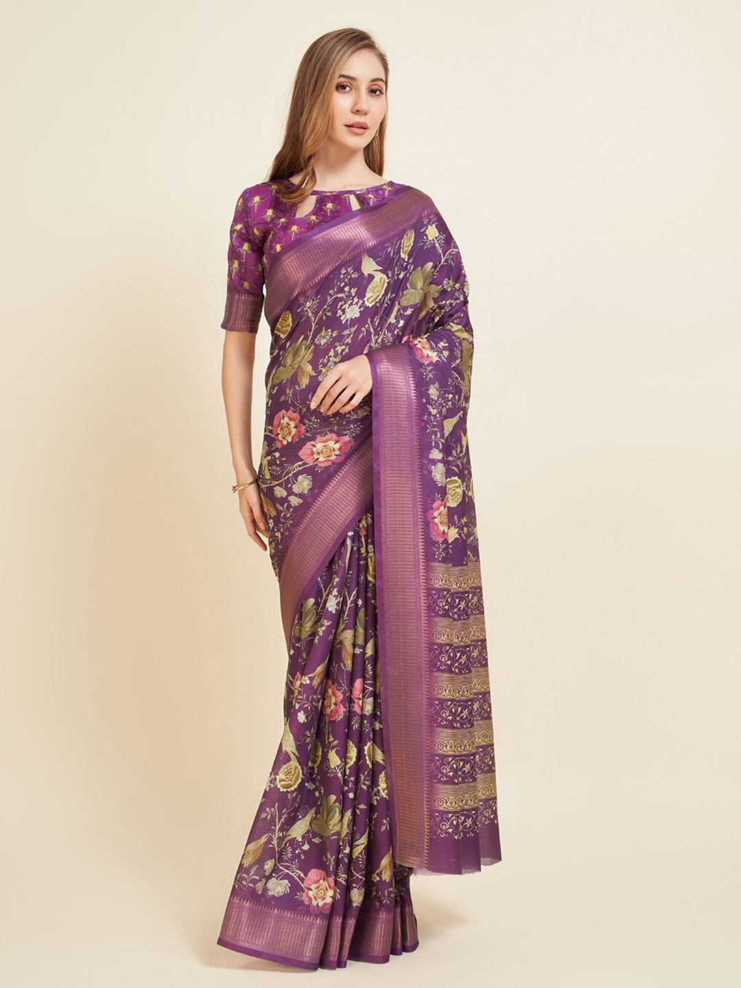 

VILLAGIUS Floral Printed Zari Silk Blend Block Print Saree, Purple