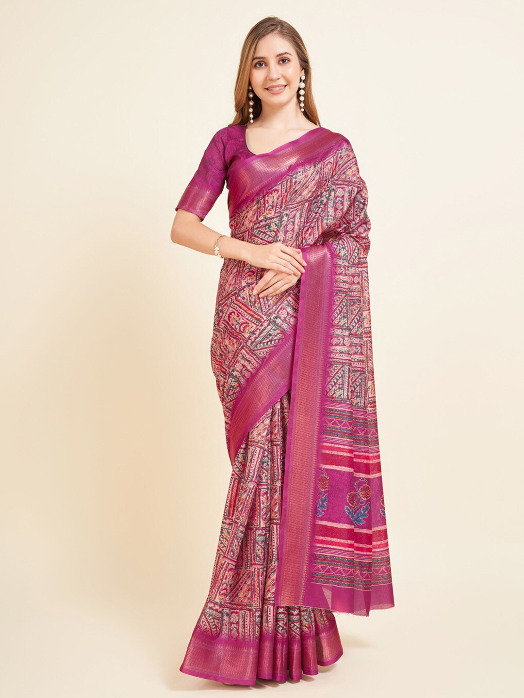 

VILLAGIUS Woven Design Geometric Printed Zari Saree, Pink