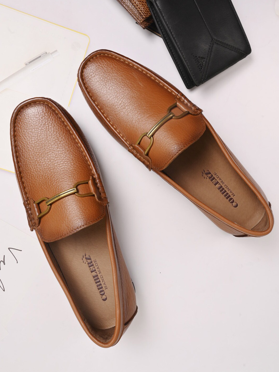 

Cobblerz Men Textured Leather Horsebit Loafers, Tan