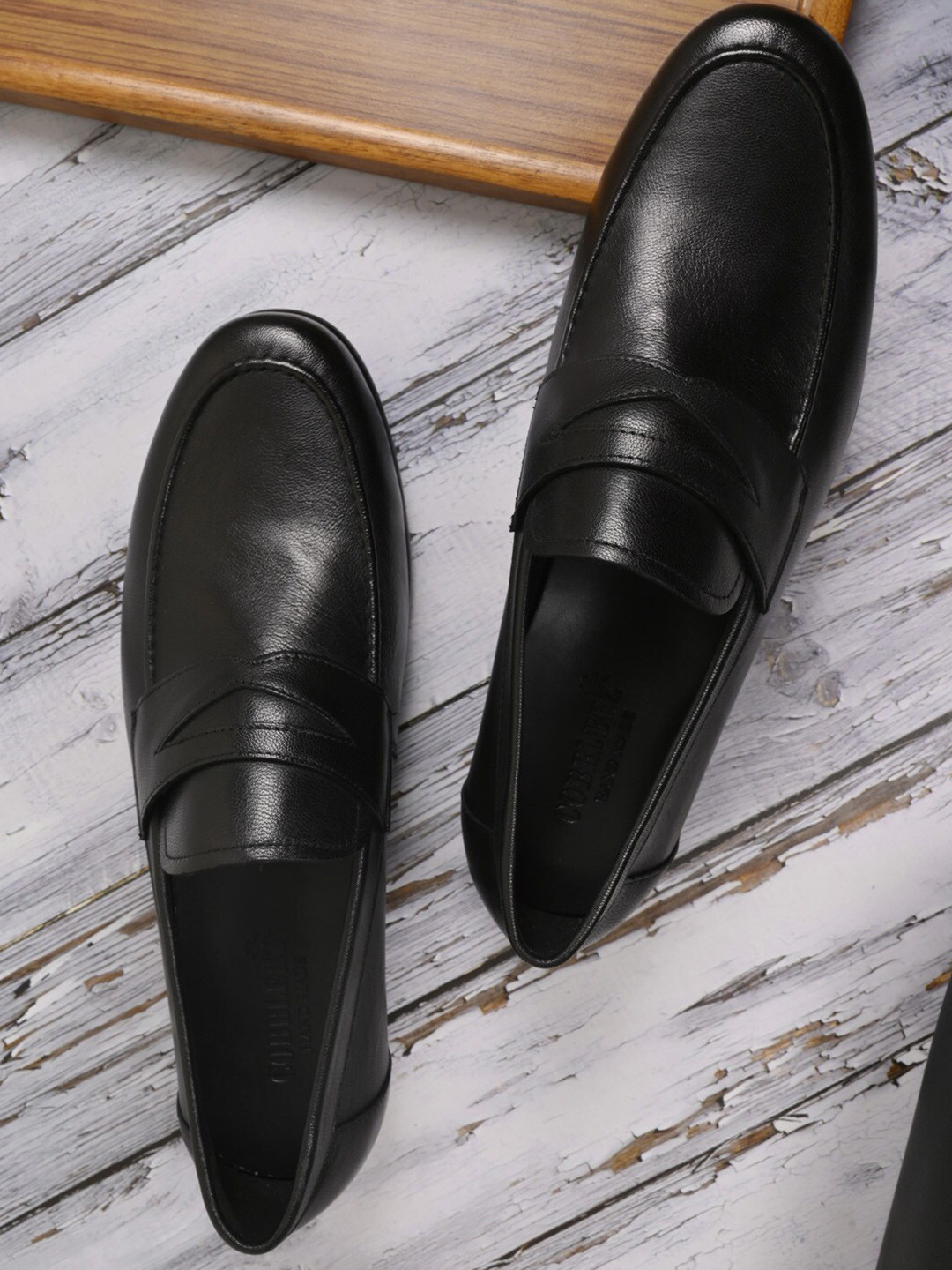 

Cobblerz Men Round Toe Leather Slip-On Formal Loafers, Black