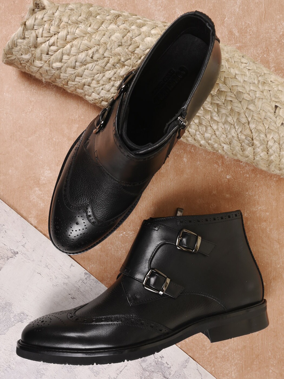 

Cobblerz Men Leather Textured Monk Straps Boots, Black