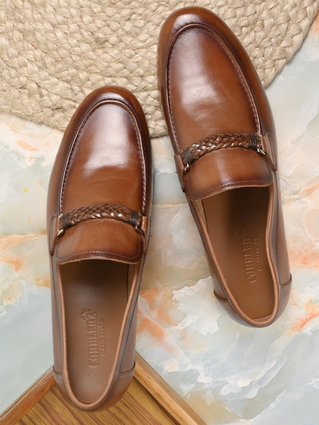 

Cobblerz Men Round Toe Leather Slip-On Formal Loafers, Tan
