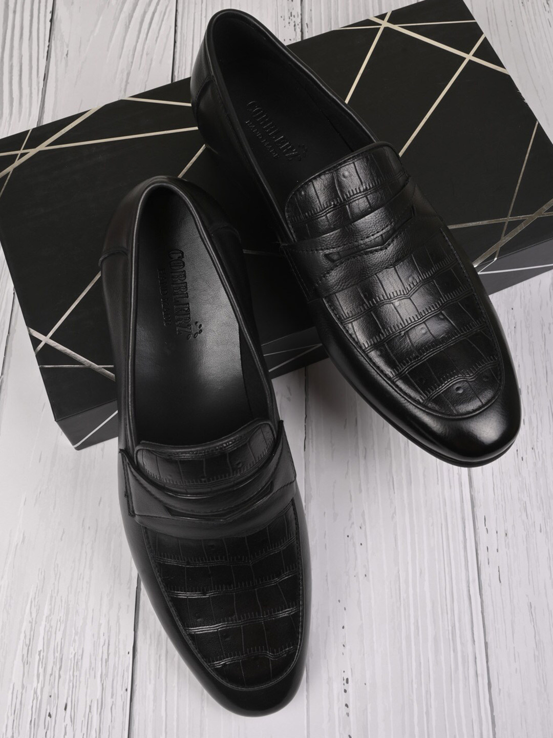 

Cobblerz Men Textured Leather Loafers, Black