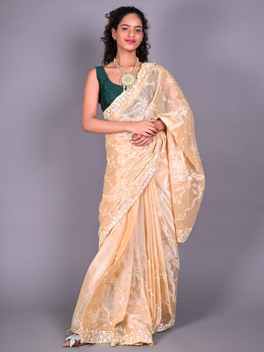 

ODETTE Floral Embroidered Saree, Yellow