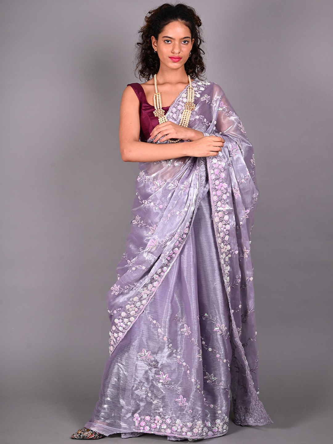 

ODETTE Embellished Sequinned Saree, Lavender