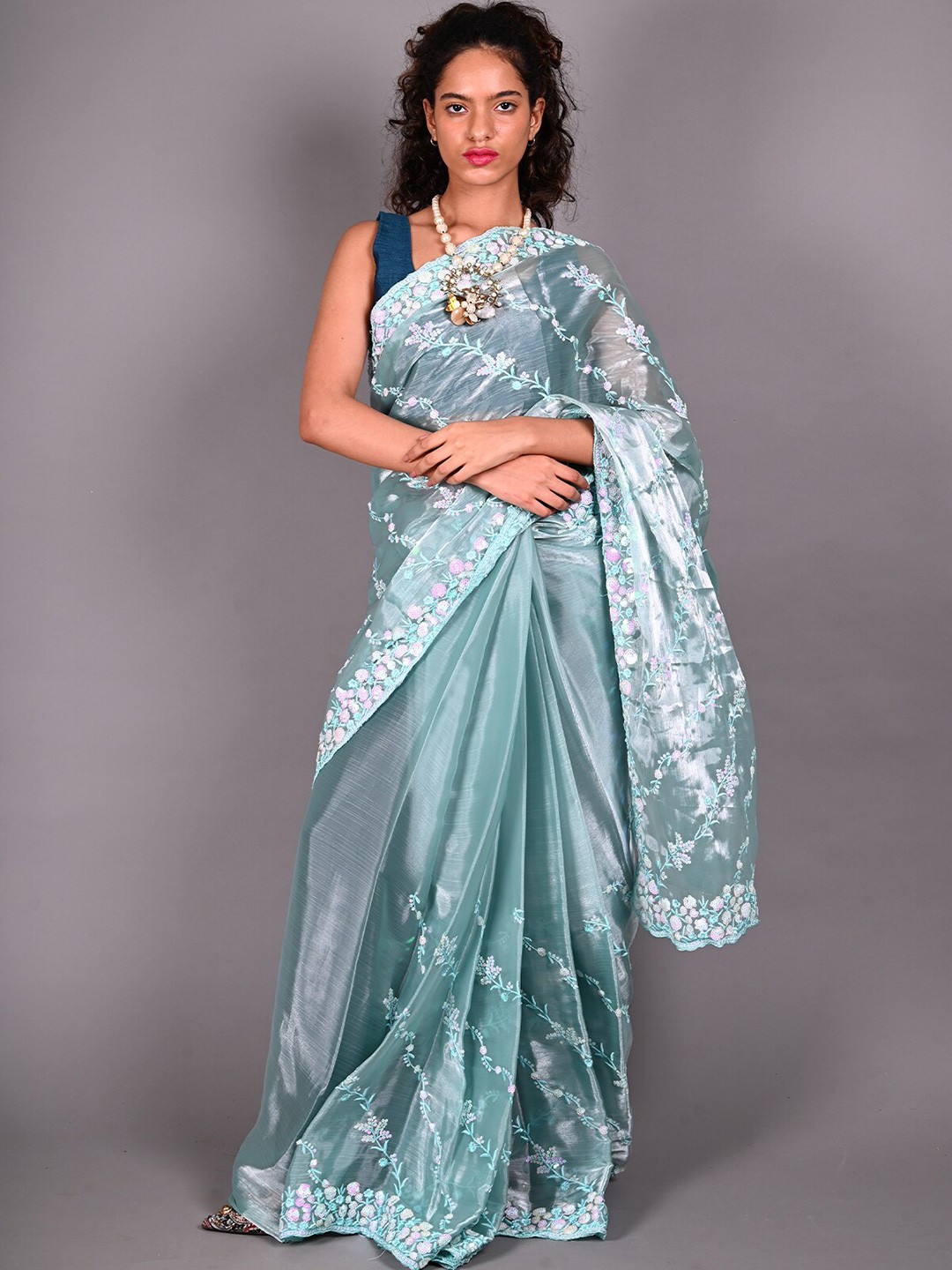 

ODETTE Sequinned Embroidered Saree, Green