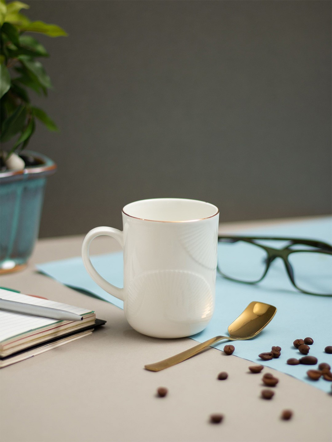 

JCPL White & Gold-Toned 2 Pieces Textured Ceramic Glossy Mugs 350 ml