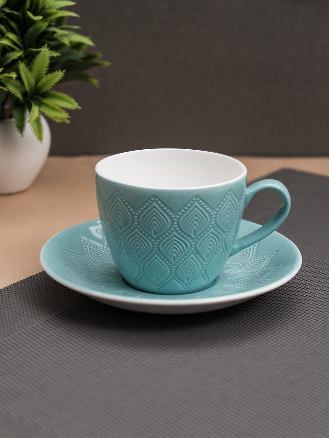 

JCPL White & Green 12 Pieces Textured Ceramic Glossy Cups and Saucers Set 180 ml