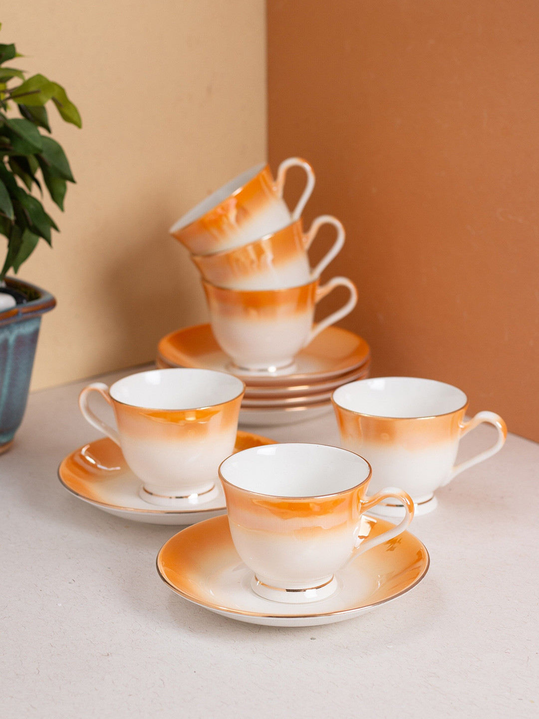 

JCPL White & Beige 12 Pieces Printed Ceramic Glossy Cups and Saucers 180 ml