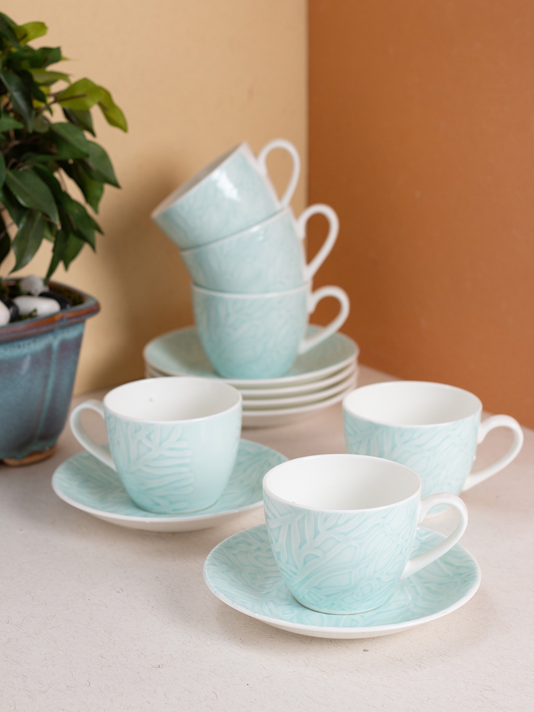 

JCPL White & Blue 12 Pieces Printed Ceramic Glossy Cups and Saucers Set 180 ML