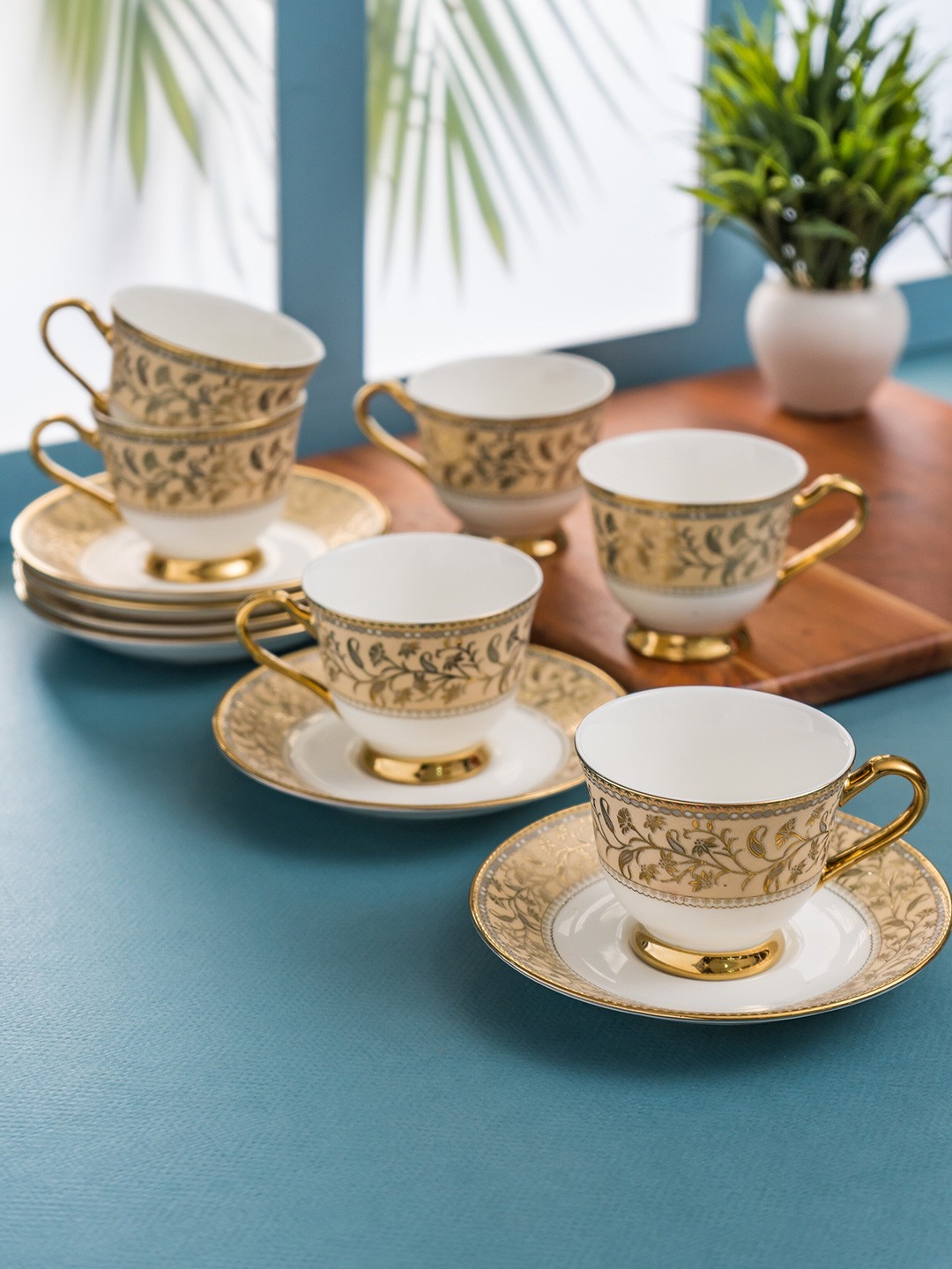 

JCPL White & Brown 12 Pieces Printed Ceramic Glossy Cups and Saucers Set 180 ml