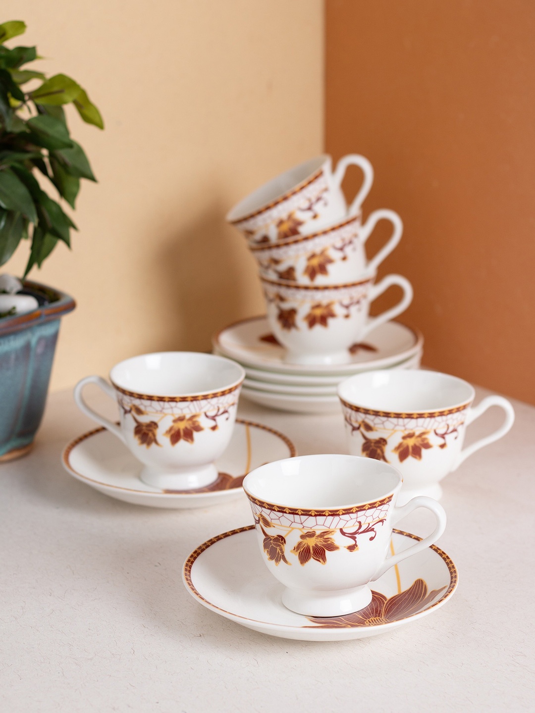 

JCPL White & Brown 12 Pieces Printed Ceramic Glossy Cups and Saucers 180ml