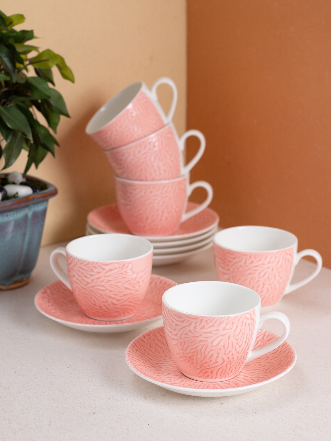 

JCPL White & Peach 12 Pieces Printed Ceramic Glossy Cups and Saucers Set 180 ml