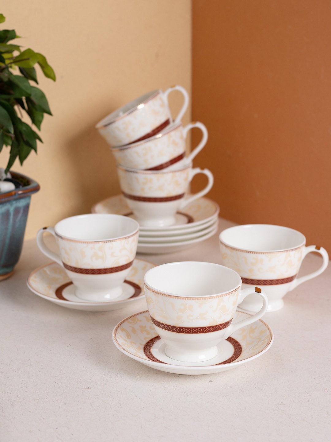 

JCPL White & Brown 12 Pieces Printed Ceramic Glossy Cups and Saucers 180 ml