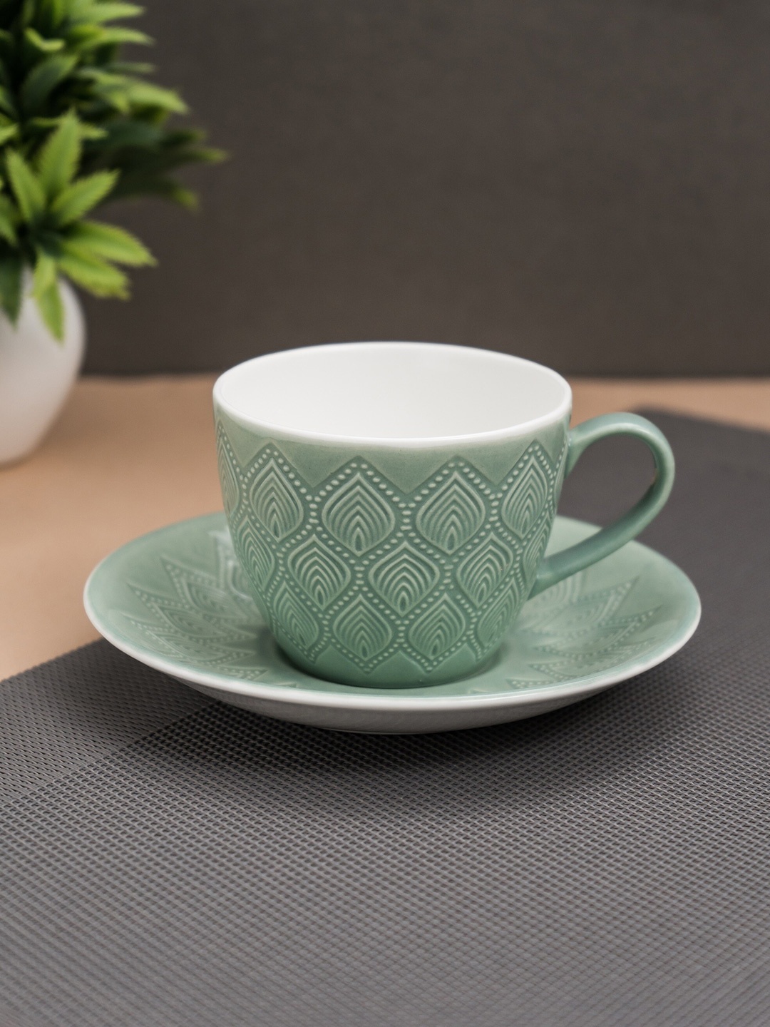 

JCPL White & Green 12 Pieces Printed Ceramic Glossy Cups and Saucers 180 ml