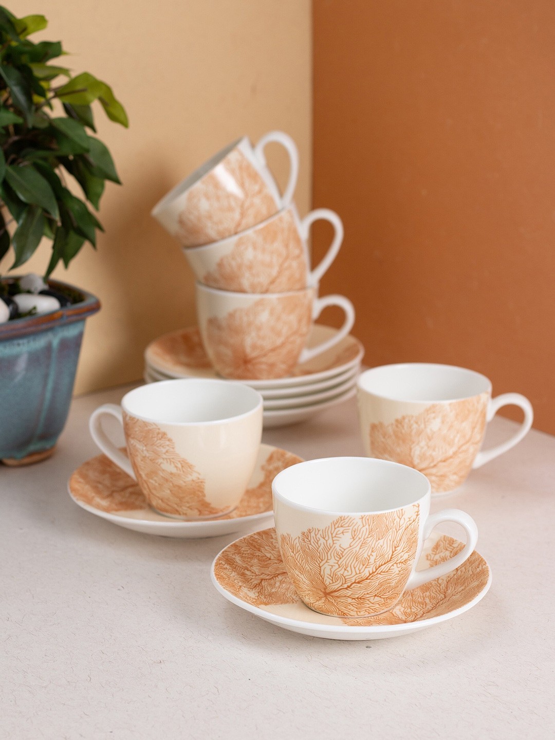 

JCPL White & Orange 12 Pieces Printed Ceramic Glossy Cups and Saucers Set 180 ml