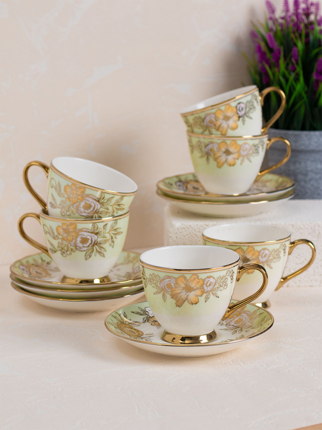 

JCPL Premium White 12 Pieces Floral Printed Ceramic Glossy Cups & Saucers 180 ml Each