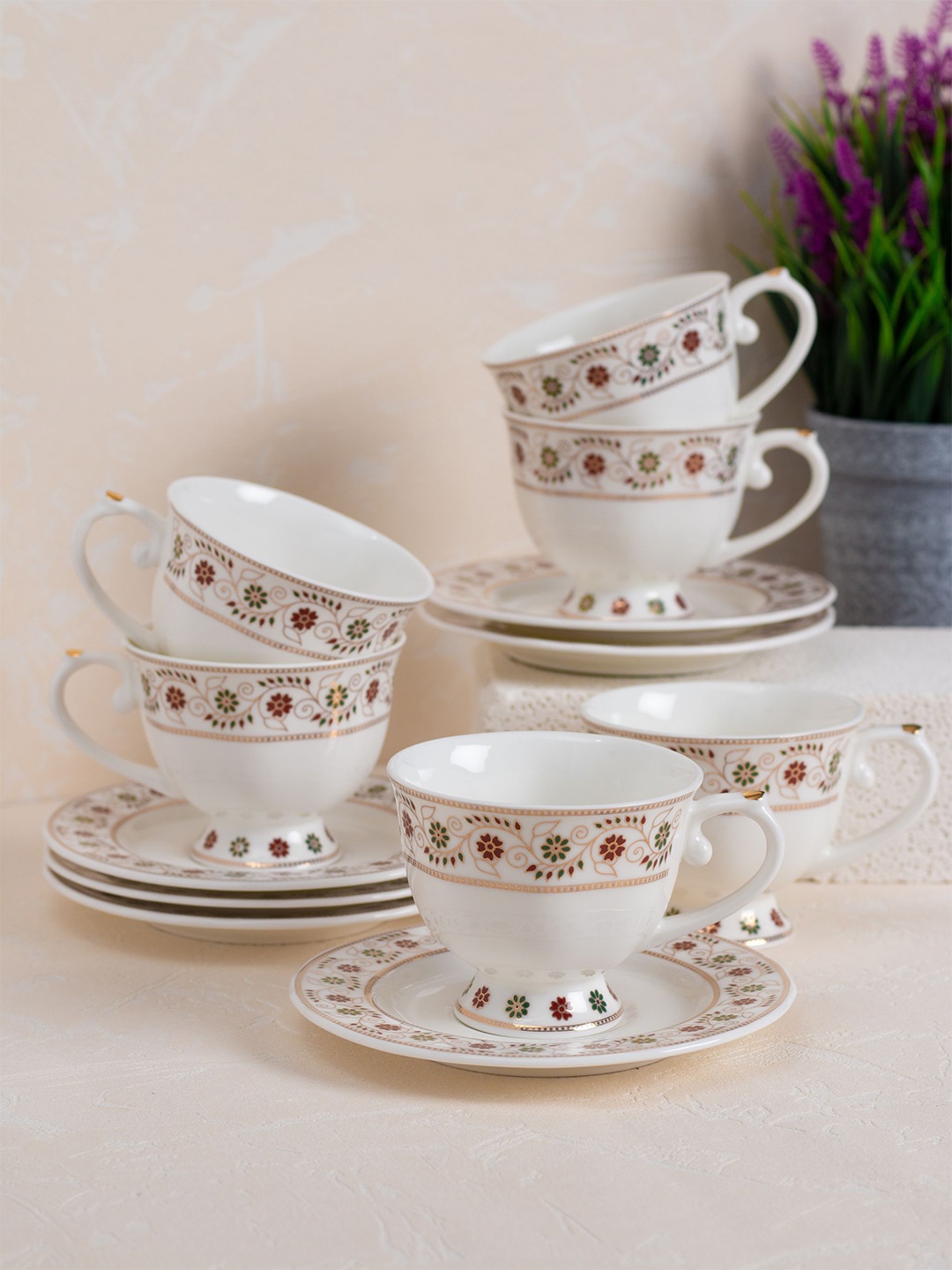 

JCPL White & Brown 12 Pieces Floral Printed Ceramic Glossy Cups and Saucers Set 180 ML