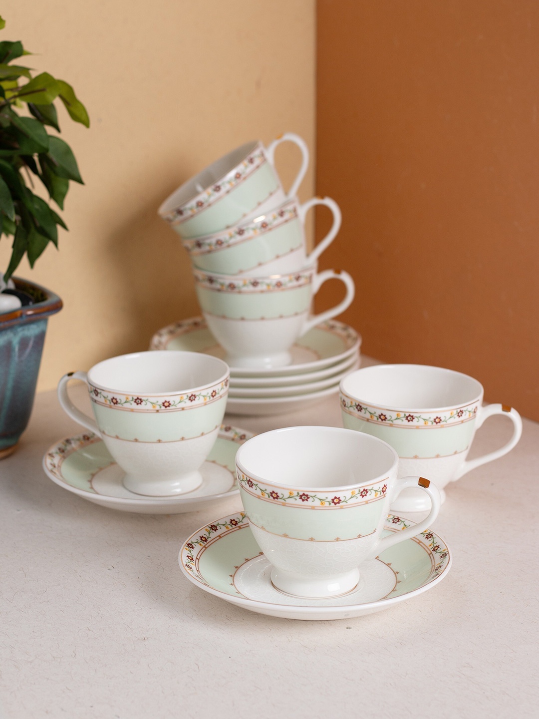 

JCPL Green & Red 12 Pieces Floral Printed Ceramic Glossy Cups and Saucers 180 ml