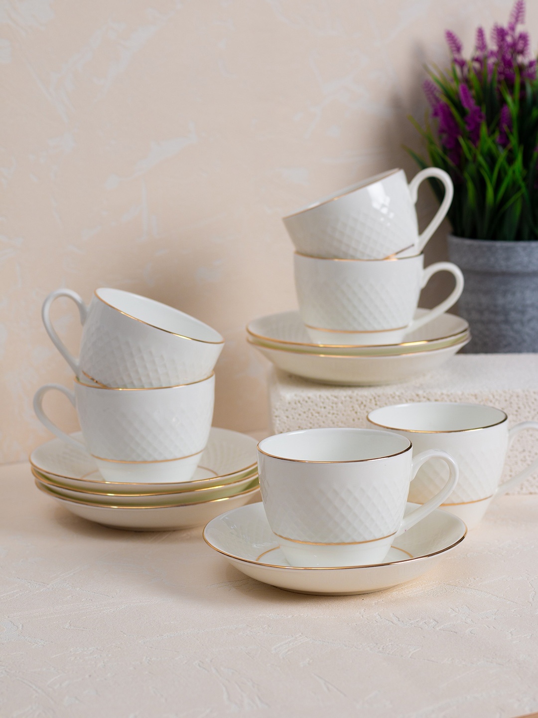 

JCPL White & Gold-Toned 12 Pieces Ceramic Glossy Cups and Saucers 180 ml