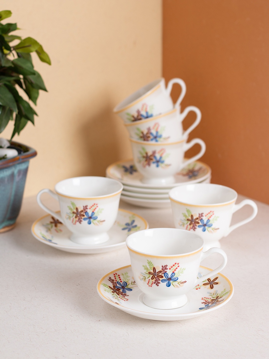 

JCPL White & Red 12 Pieces Printed Ceramic Glossy Cups and Saucers Set 180 ml