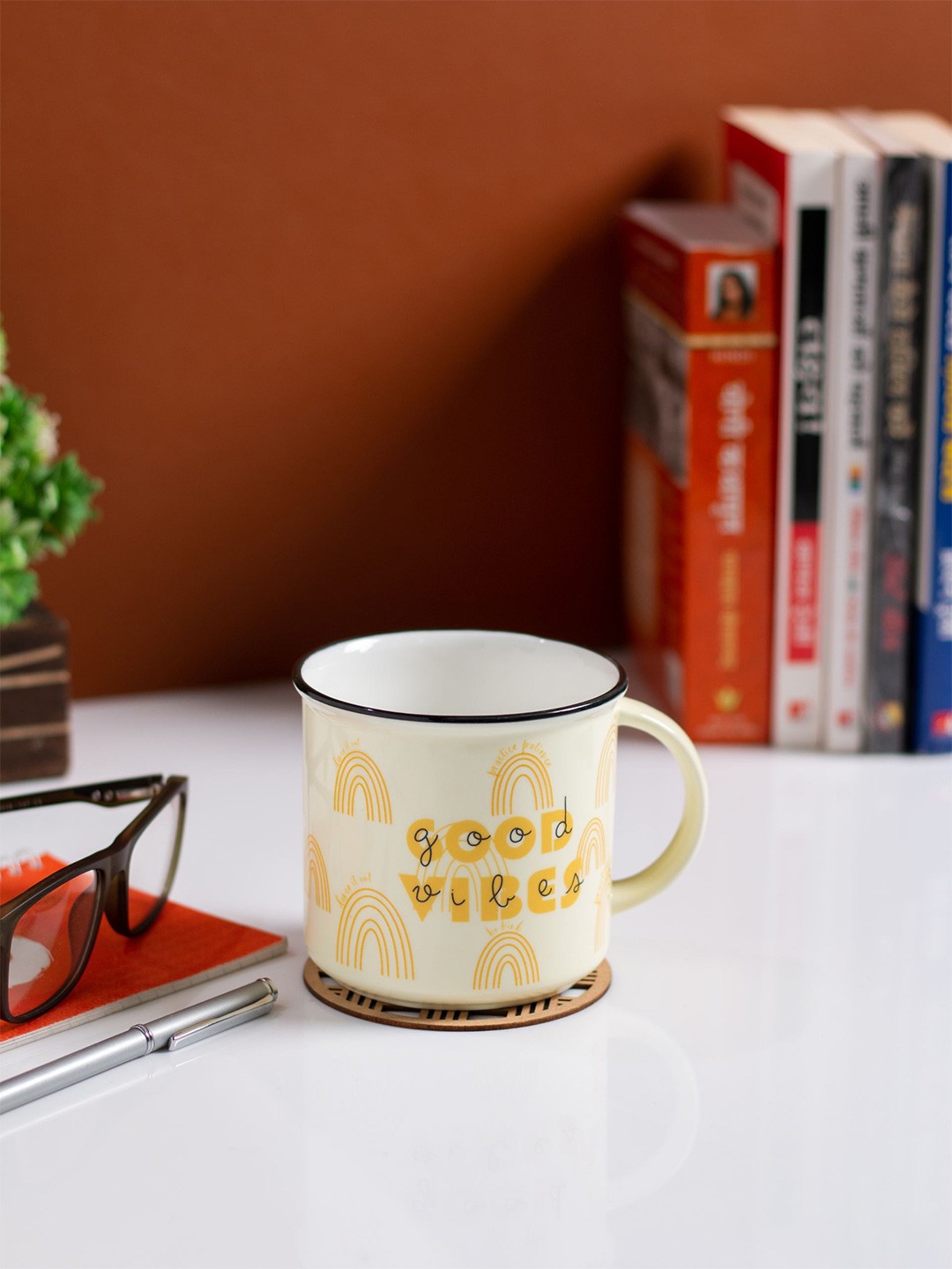

JCPL Fine Ceramic White & Yellow 2 Pieces Printed Glossy Mugs 350 Ml