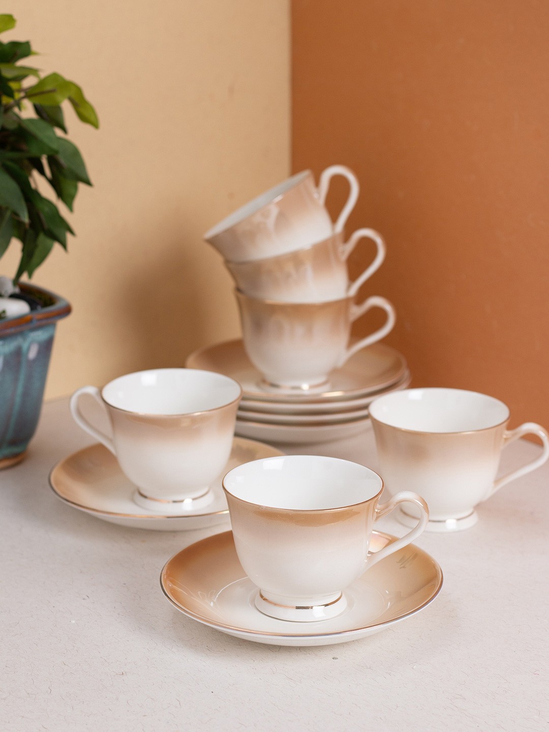 

JCPL White & Brown 12 Pieces Printed Ceramic Glossy Cups and Saucers Set 180 ml