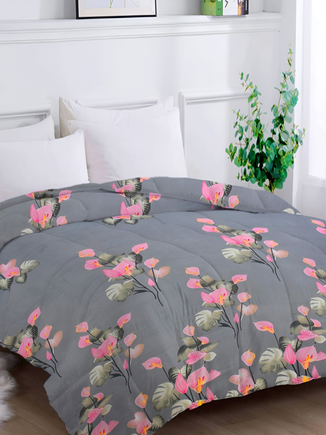 

bsb home Grey & Pink Floral Printed Heavy Winter 210 GSM Double Bed Comforter