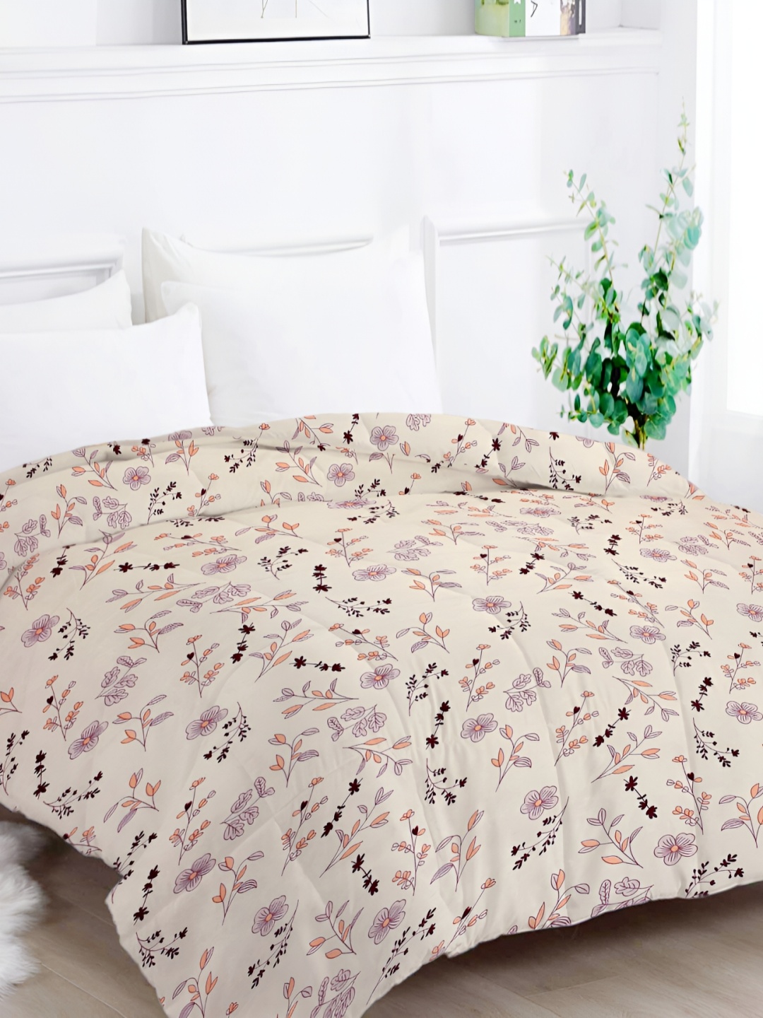 

bsb home Beige & Orange Floral Printed Heavy Winter 210 GSM Double Bed Comforter