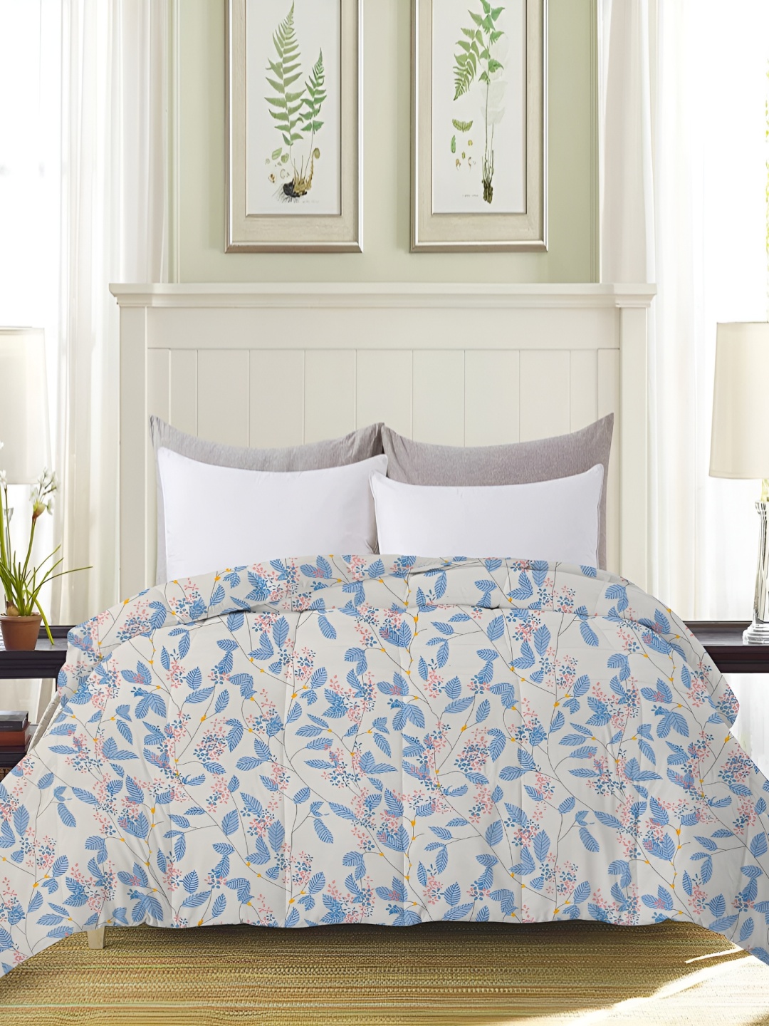 

bsb home Beige & Blue Floral Printed Heavy Winter 210 GSM Double Bed Comforter