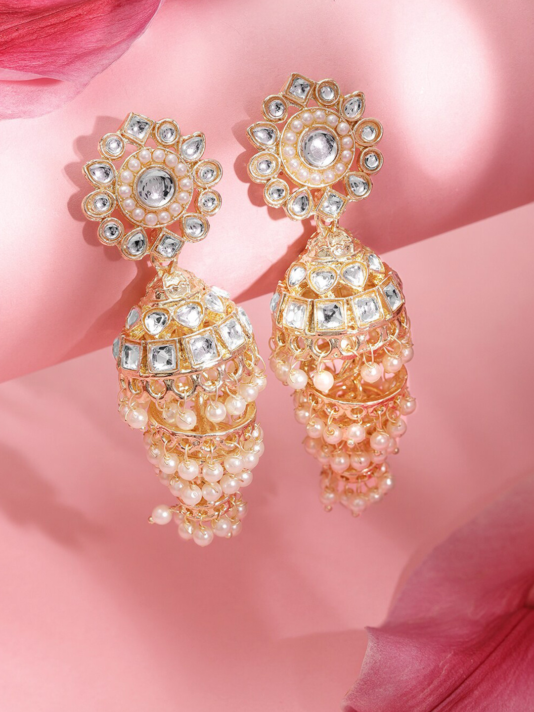 

Rubans 22KT Gold-Plated Kundan Studded Pearl Beaded Dome Shaped Jhumkas