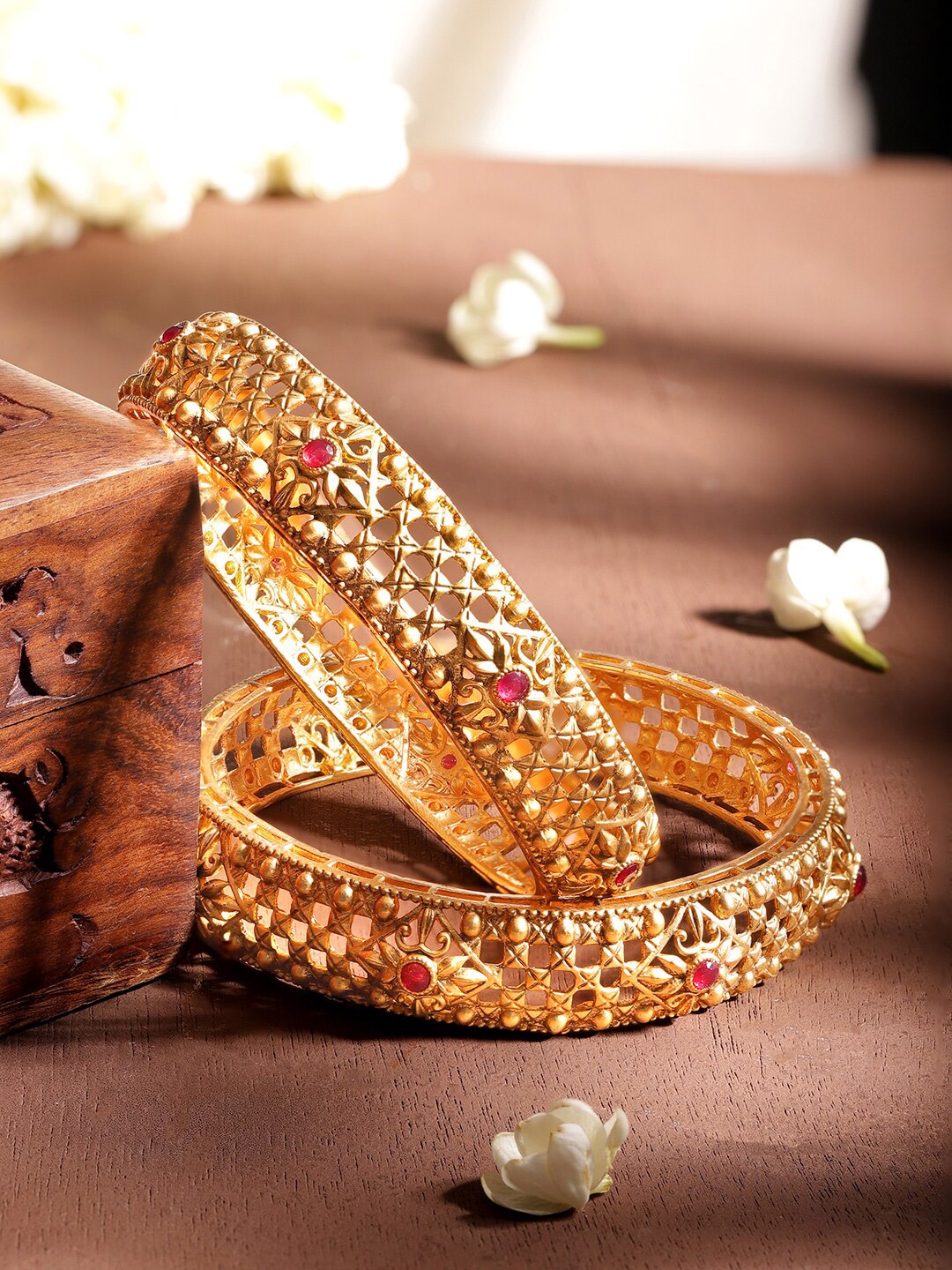 

Rubans Set Of 2 18K Gold Plated Ruby Studded Handcrafted Traditional Bangles