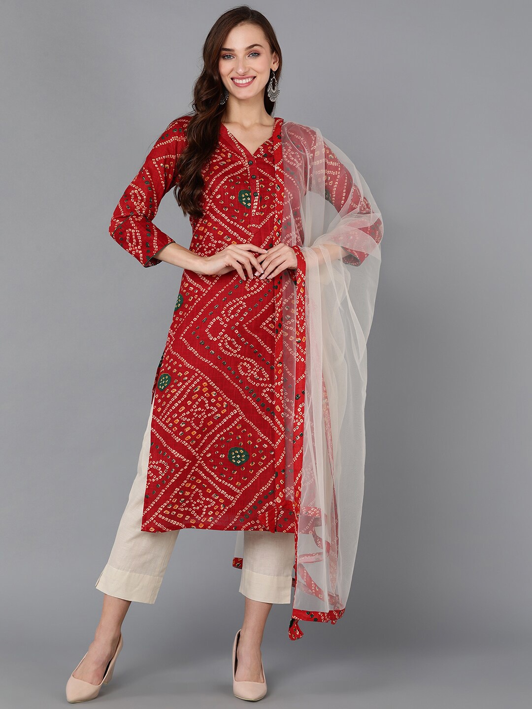 

KALINI Bandhani Printed Straight Kurta With Trousers & Dupatta, Red