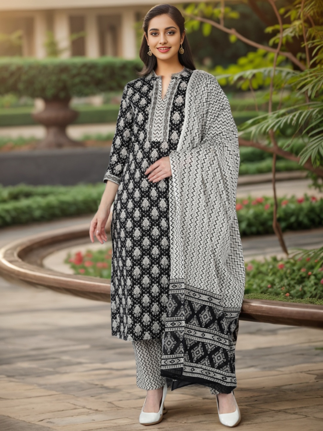 

KALINI Ethnic Motifs Printed Mandarin Collar Kurta with Trousers & Dupatta, Black