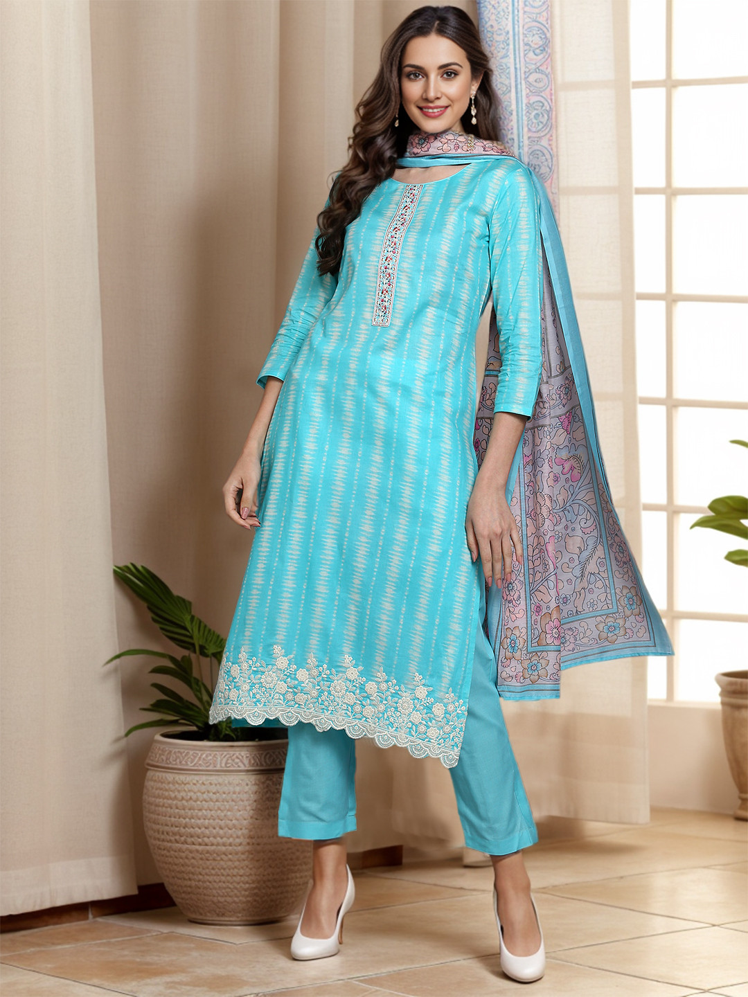 

KALINI Geometric Printed Thread Work Straight Kurta & Trousers With Dupatta, Turquoise blue
