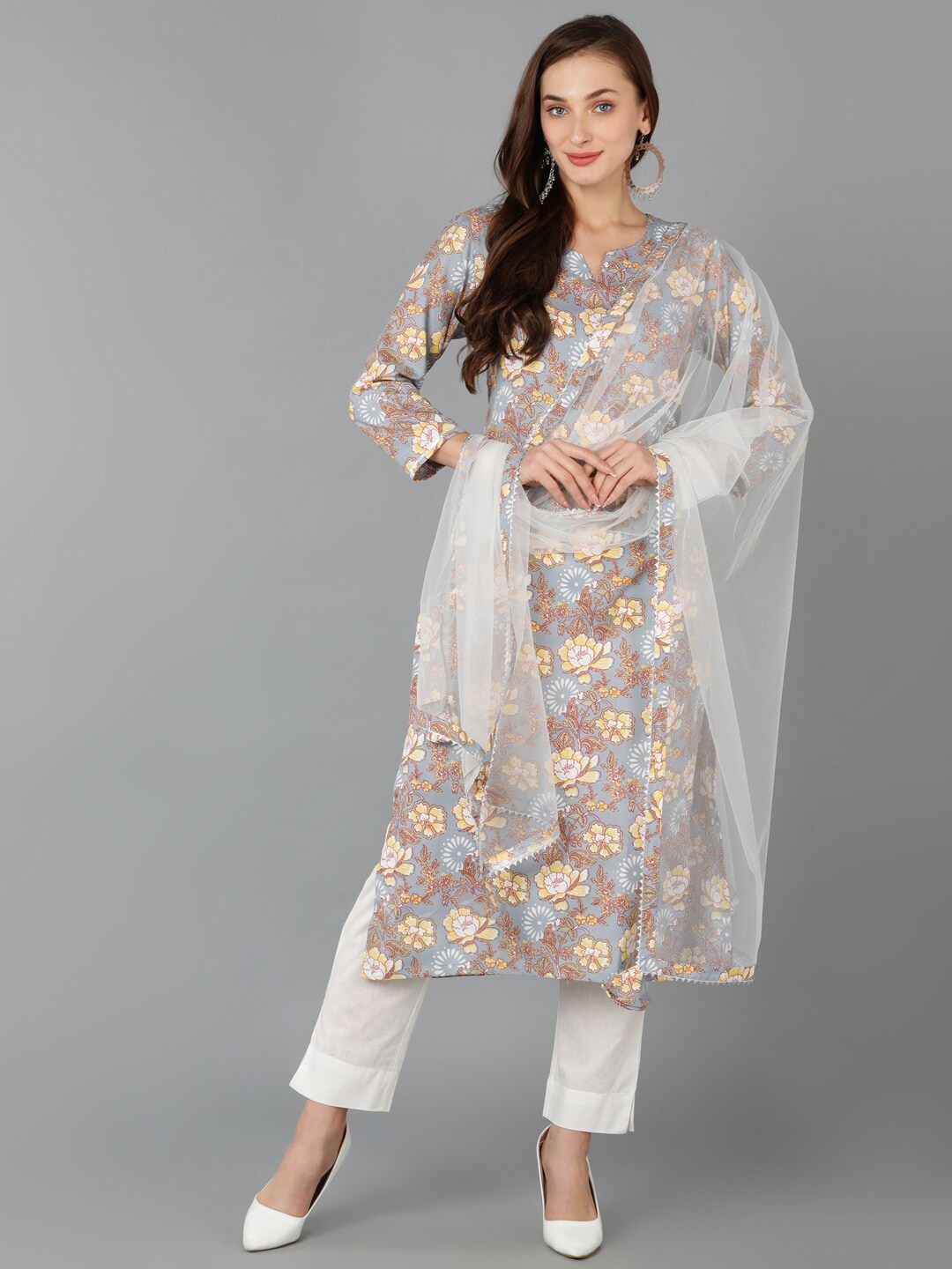 

KALINI Floral Printed Straight Kurta With Trousers & Dupatta, Grey