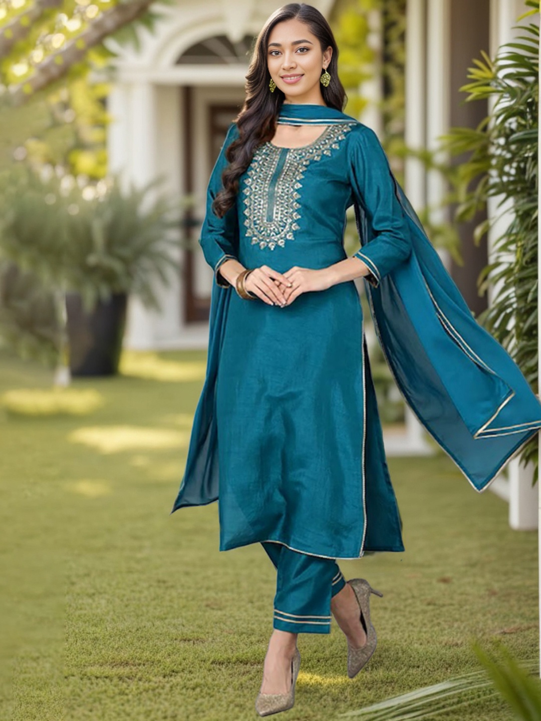 

KALINI Ethnic Motifs Yoke Design Sequinned Kurta & Trousers With Dupatta, Teal