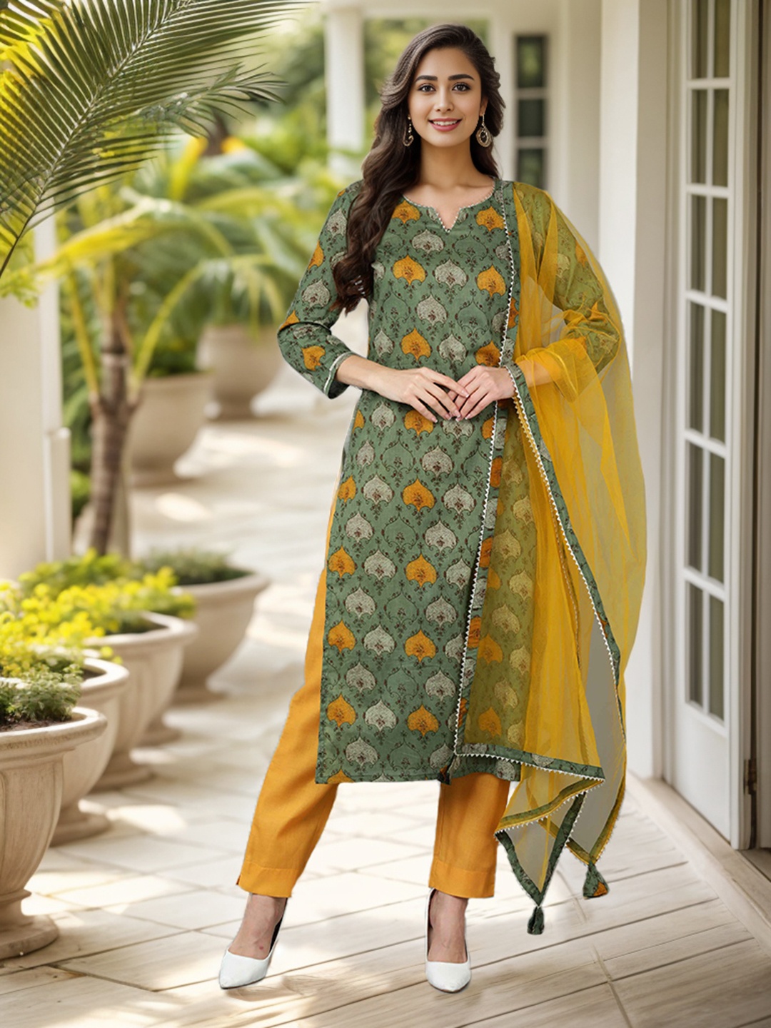 

KALINI Ethnic Motifs Printed Gotta Patti Straight Kurta & Trousers With Dupatta, Green