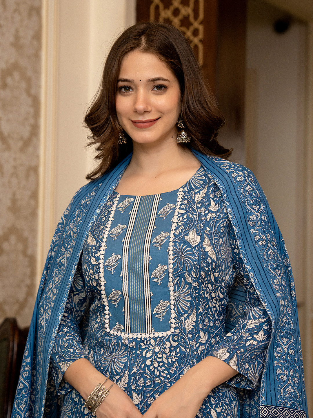 

KALINI Floral Printed Straight Kurta With Trousers & Dupatta, Blue