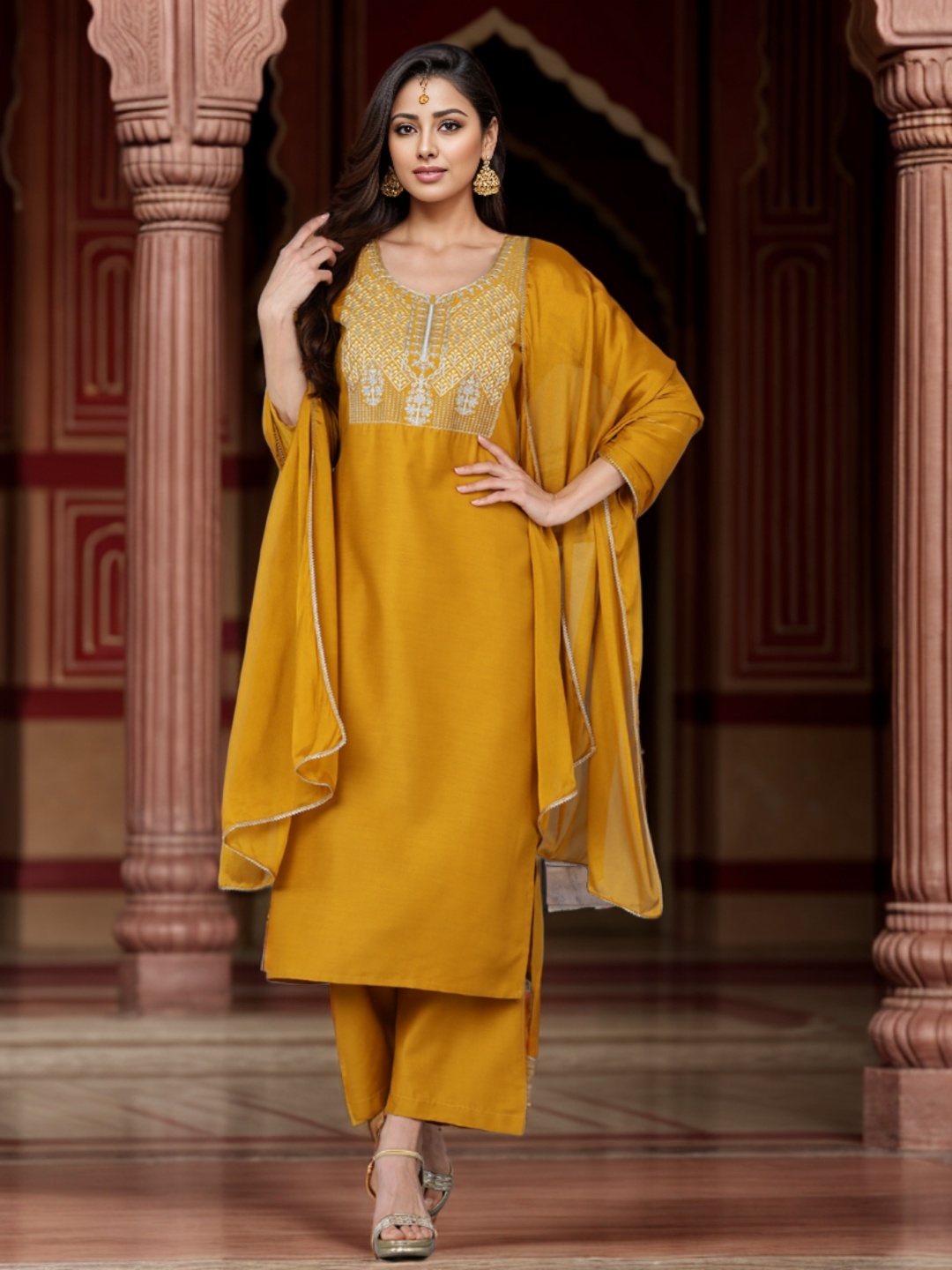 

KALINI Ethnic Motifs Yoke Design Thread Work Kurta with Palazzos & Dupatta, Mustard