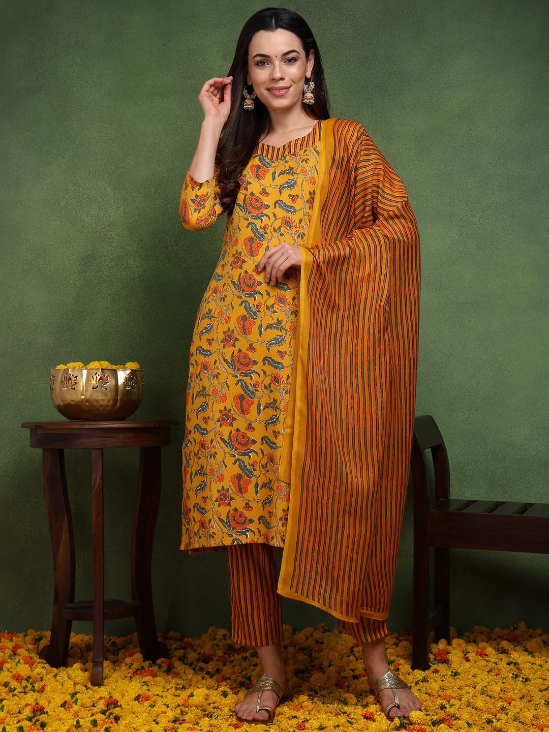 

KALINI Women Yellow Floral Printed Regular Kurta with Trousers & With Dupatta